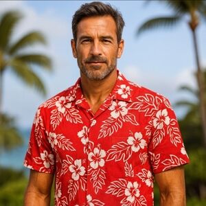 Hilo Hattie XL Hawaiian Shirt Red White Hibiscus Floral Print Short Sleeve